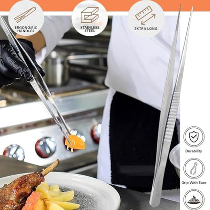 Professional Culinary Stainless Steel Precision Tongs with Serrated Tips, Plating/Food Presentation Detailing Serving Tongs, Chef's Kitchen Tweezer Tongs - Ultra Non-Slip Grip (12" STR Slim) - size: 12" Straight Slim