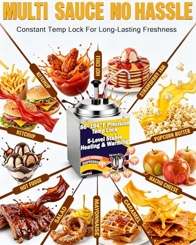Nacho Cheese Dispenser with Stainless Steel Pump, 2.8 Qt Cheese Sauce Warmer with 6-Level Thermostat (86–194°F) – Commercial Electric Warmer for Hot Fudge, Chocolate, Caramel, Chili, Peanut Butter