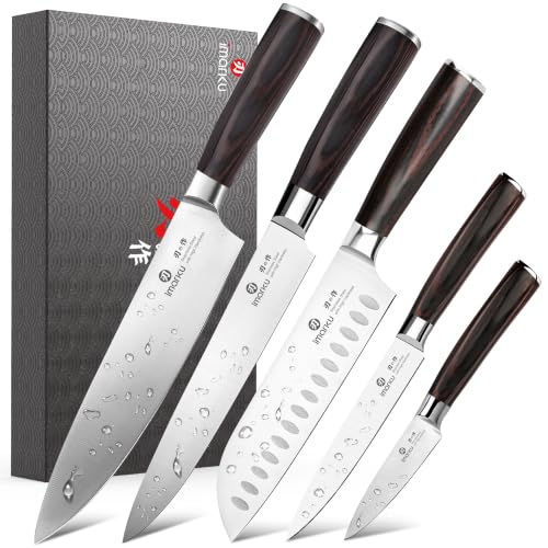 imarku 5PCS Kitchen Knife Set - Japanese High Carbon Stainless Steel Knives - color: Silver Blade with Brown Handle