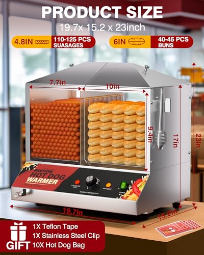 WantJoin Hot Dog Steamer Machine, 36L/38QT Electric Hot Dog Steamer with Bun Warmer, Stainless Steel Hot Dog Cabinet with Tempered Glass for 110-125 Sausages & 40-45 Buns,1200W - color: Silver, size: 38QT