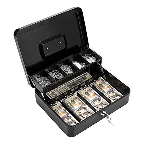 Cash Box with Lock Key and Money Tray, Large Money Box for Cash Register - color: Black