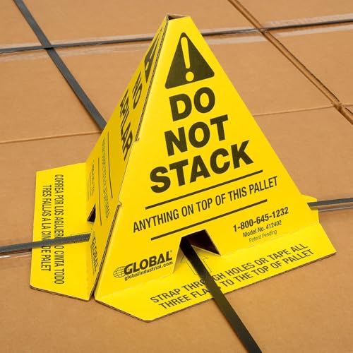 Global Industrial Trilingual "Do Not Stack" Printed Pallet Cones, 8"W x 8"L x 10"H, Corrugated Cardboard Construction, Yellow, 50/Pk, Prevents Double Stacking, Ships Flat