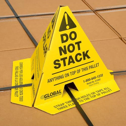 Global Industrial Trilingual "Do Not Stack" Printed Pallet Cones, 8"W x 8"L x 10"H, Corrugated Cardboard Construction, Yellow, 50/Pk, Prevents Double Stacking, Ships Flat