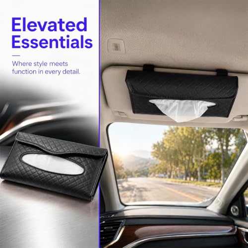 Car Visor Tissue Holder, Clip-on, Large Opening, PU Leather, Black - color: Black