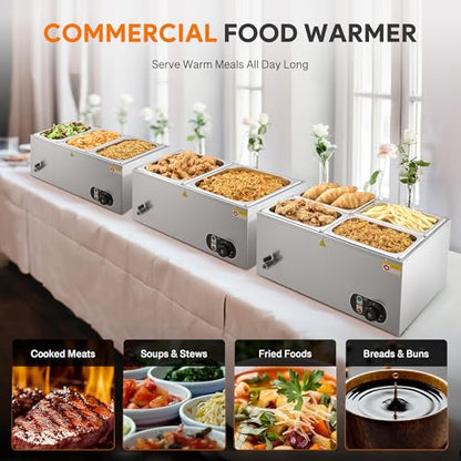 WILPREP Commercial Food Warmer with Four 1/4 Pans, 1500W Countertop Electric Steam Table, 86-185°F Adjustable Temp Control & Over-Temp Protection, Stainless Steel Buffet Bain Marie - size: 1/4 pan*4