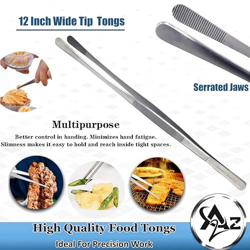 Professional Culinary Stainless Steel Precision Tongs With Serrated Tips - Plating/Food Presentation Detailing Serving - Chef's Kitchen Tweezer - Ultra Non-Slip Grip (12" Wide Jaws) - size: 12" Wide Jaws