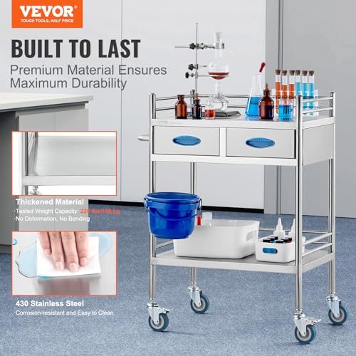 VEVOR Lab Serving Cart Utility Cart Stainless Steel Medical Cart with Two Drawers for lab Equipment Use Grade I Stainless Steel Utility Services (2 Shelves/ 2 Drawer) - style: Utility Cart