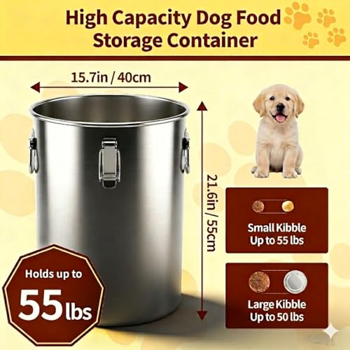 304 Stainless Steel Dog Food Storage Container, 50LB/55LB Airtight Pet Food Container with Locking Lid & Silicone Seal, Large Metal Food Storage Bin for Dry Dog/Cat Food, Rice, Flour (50 LBS) - size: 50 LBS