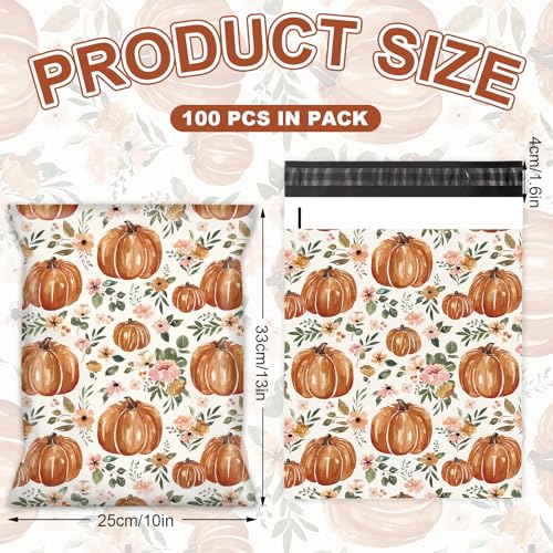 JarThenaAMCS 100Pcs Fall Poly Mailers 10 x 13 Inch Watercolor Floral Pumpkin Packaging Bags Autumn Self Seal Mailing Envelope Bags for Thanksgiving Harvest Small Business Clothing