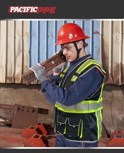 PACIFIC PPE Class 1 Safety Vest, 10 Pockets, 3M Reflective, Black, XX-Large - size: XX-Large
