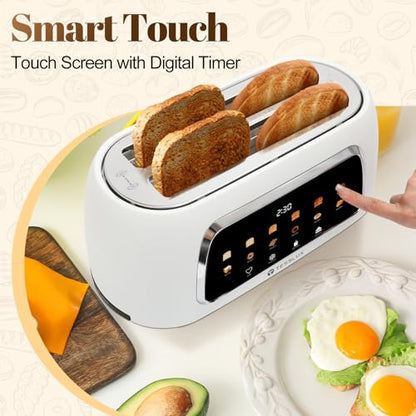 Tesslux 4 Slice Toaster, Touchscreen, 1.5" Long Wide Slot, 1300W, White - color: White