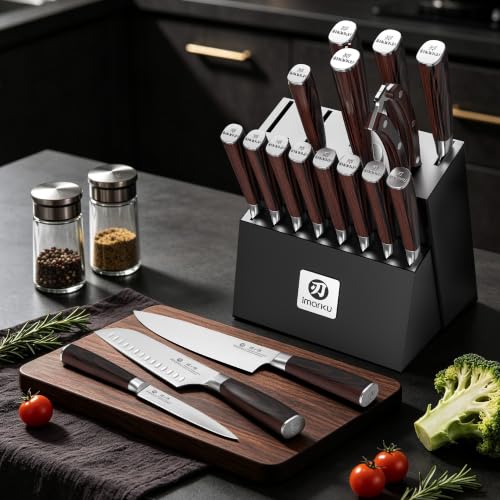 imarku 18-Piece Japanese Santoku Stainless Steel Knife Set with Block - color: Pure Black
