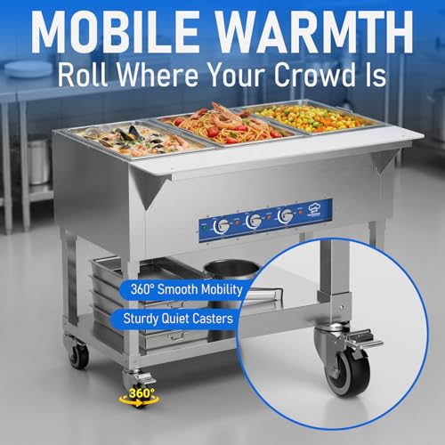 TOPKITCH Commercial Electric Food Warmer Soup Station - 3 Independent 19.5L Pans with German EGO Thermostat, Rolling Stand with Adjustable Shelves for Restaurant, Catering, Party - size: TC-3P