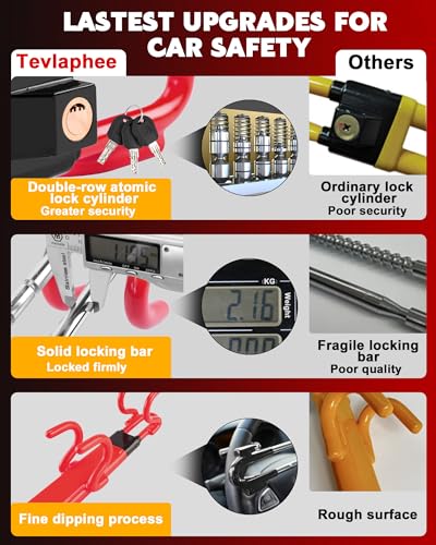 Tevlaphee Steering Wheel Lock Anti-Theft Car Device Heavy Duty Security Car Lock Antitheft Locking Devices Great Deterrent Adjustable Car Wheel Lock Anti Theft for Vehicle Truck SUV with 3 Keys (Red) - color: Red
