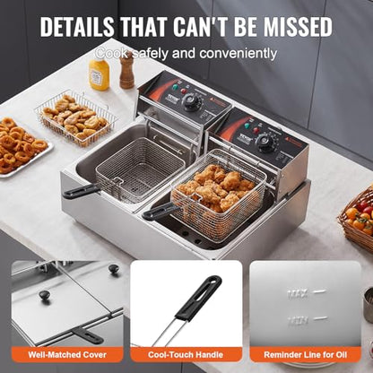 VEVOR Commercial Deep Fryer, Dual Tank 3000W Electric Countertop Fryer with Basket, 2 x 9.1Qt/8.6L Double Stainless Steel Oil Fryer, with Temp Control & Overheat Protection, for Kitchen Restaurant Use - size: Double Fryer, style: Deep Fryer