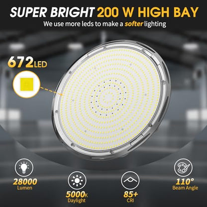 Elaruslux 200W UFO LED High Bay Light with Diffuser 28,000lm 5000K LED High Bay Lights AC110-277V 5' Cable with Plug Waterproof UFO Lights for Garage Shop Gym Factory - size: 1 Pack