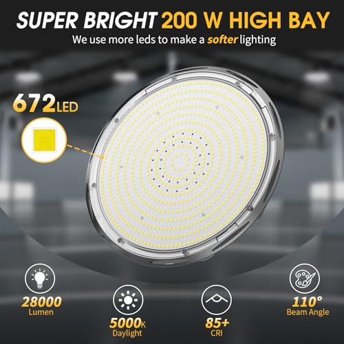 Elaruslux 200W 8 Pack UFO LED High Bay Light with Reflector 28,000lm 5000K LED High Bay Lights AC110-277V 5' Cable with Plug Waterproof UFO Lights for Garage Shop Gym Factory - size: 8 Pack