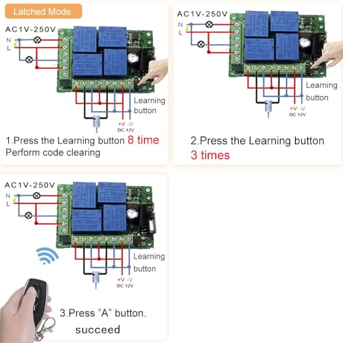 QIACHIP Universal 12V 4CH Wireless Relay Remote Module Switch RF 433Mhz with Remote Control Key Fob 2 Transmitters 1 Receiver for Light Garage Door Electric Gate,Momentary Toggle Latched(KR1204) - color: KR1204+2KT06（DC 12V 4-CH）