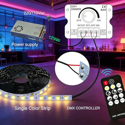 5V 12V 24V LED Dimmer Switch, 30A Dimmer Switches for LED Lights, PWM Controller 12 Volt Light Dimmers Switch Knob or 14 Key Wireless Control for LEDs Strip Lights Controller