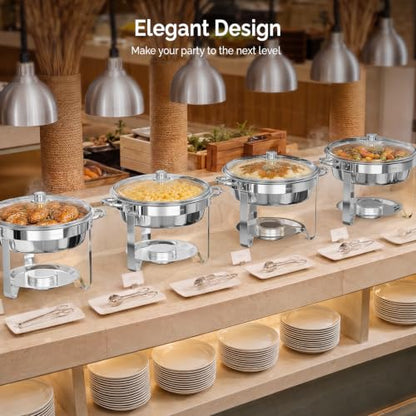ROVSUN 5 Qt 4 Pack Chafing Dishes for Buffet, Stainless Steel Round Chafers for Catering, Buffet Servers and Warmers Set with Glass Lid & Lid Holder, Stackable Design for Wedding Party Event - size: 4 Pack
