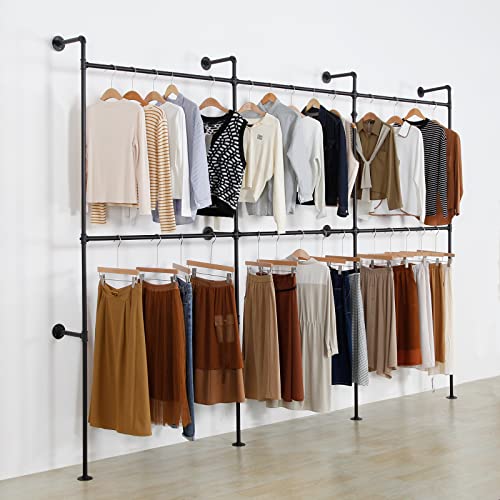 Modern Simple Industrial Pipe Clothing Rack, Display Stand Wall Mounted Clothes Garment Rack Heavy Duty Hanging Clothes Rods Bar for Closet Storage, 134in Black - color: III-Black