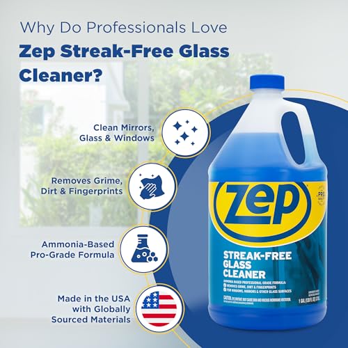 Zep Streak-Free Glass Cleaner - 1 Gallon (Case of 4) ZU1120128 - Professional Grade Formula that Cleans Dirt, Fingerprints, Grime, Smoke Haze, and Toothpaste on Windows, Mirrors, and Other Glass - size: 128 Fl Oz (Pack of 4)