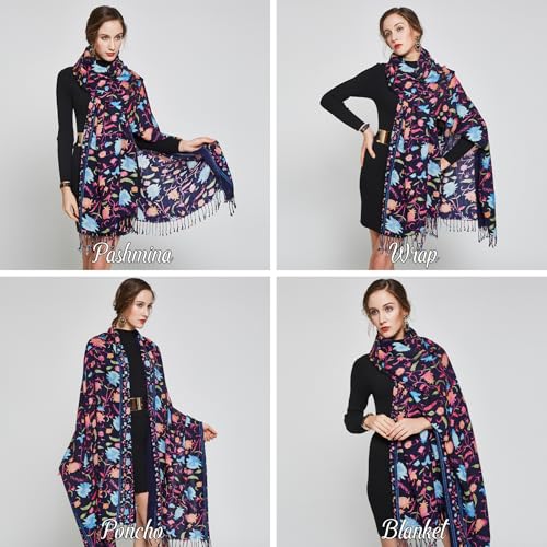 DANA XU 100% Merino Wool Extra Large Pashmina Shawl for Women - color: Navy Pink Floral