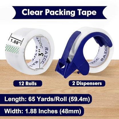 RAZCC Packing Tape, 12 Rolls Clear Heavy Duty Packaging Tape with Dispensers for Packing, Shipping, Moving and Mailing, Thicker Sealing Tape-1.88" x 65 Yards Per Roll, 780 Total Yards - size: 1.88"-12 Rolls