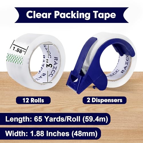 RAZCC Packing Tape, 12 Rolls Clear Heavy Duty Packaging Tape with Dispensers for Packing, Shipping, Moving and Mailing, Thicker Sealing Tape-1.88" x 65 Yards Per Roll, 780 Total Yards - size: 1.88"-12 Rolls