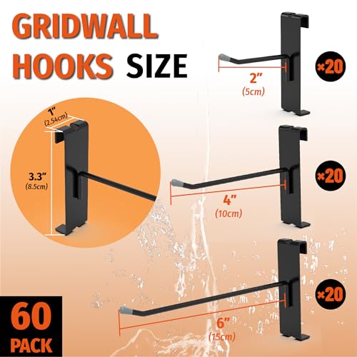 HUHOLE 60 Pack Black Gridwall Hooks, 2", 4", 6" Inch Display Hangers - size: 2+4+6 Inch