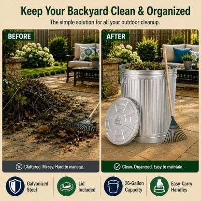Gardenised Round Galvanized Steel, 26 Gallon Trash Can with Lid - Durable Metal Bucket for Backyard, Lawn, Garden and Yard Use - Weather-Resistant Garbage Can for Indoor and Outdoor, 28-inch - size: 26 Gallons