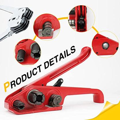 Box Packing Strapping Tool, Manual Sealer Heavy Duty Poly Strapping Tensioner Cutter Tool Kits for 1/2"-3/4" Wide Strap with 328ft Straps & 100 Buckles 50 Label 100 Edge Protectors