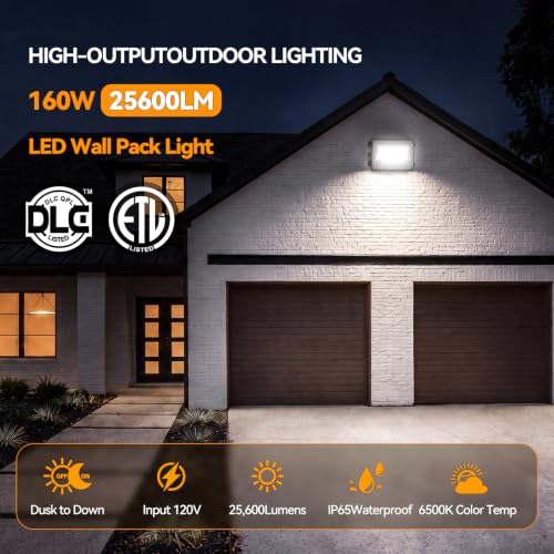 160W LED Wall Pack Light Dusk to Dawn, 25600LM 6500K Exterior Lights