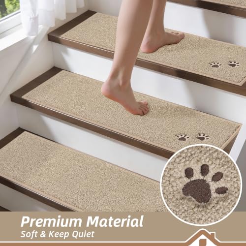 BEQHAUSE Stair Treads Non Slip for Wooden Steps 28" x 9", 15pcs, Beige - color: Beige - Dog Paws, size: 28 in X 9 in (15 Pieces)