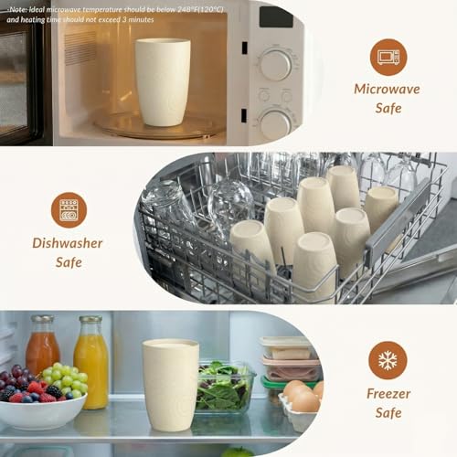Homienly Plastic Cups Alternative 12oz - Wheat Straw Cups Set of 6 Reusable & Unbreakable Drinking Glasses Dishwasher & Microwave Safe Cups for Everyday Use-Beige - color: Beige, size: 12 Ounces