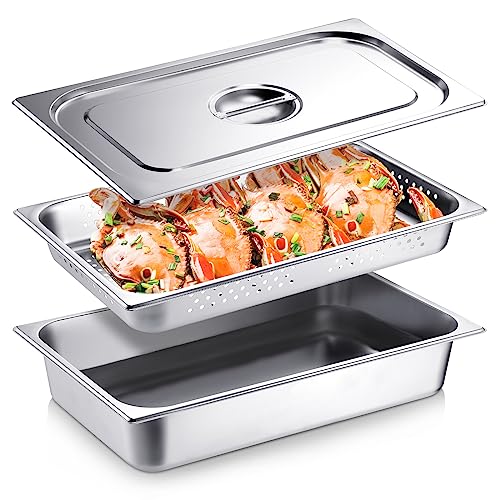 Ferraycle 3 Pack Full Size Hotel Pan with Lid, 2.6 Inch, 4 Inch - size: 2.6 Inch