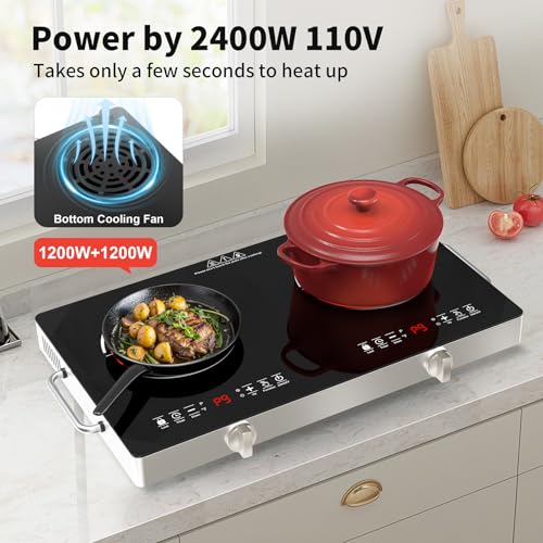 GIHETKUT Electric Cooktop,110V 2400W Stove top, Countertop Cooktop with 9 Power Levels, LED Display,Child Safety Lock, Timer,Knob and Touch Control 2 burner Electric cooktop - size: 2 burner stove top