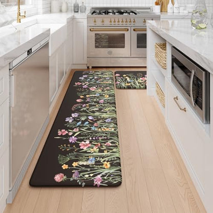 KIMODE Kitchen Mats Cushioned Anti Fatigue, Black Farmhouse Kitchen Rugs - color: Floral/Black, size: 59"L x 17.3"W x 0.47"Th + 29"L x 17.3"W x 0.47"Th