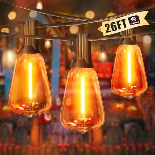 Orange Outdoor halloween String Lights ,26FT ST38 LED Patio Lights with 12+1 Shatterproof Edison Bulbs,UL Waterproof Connectable Outside Hanging Lights for Backyard Porch Bistro Christmas Party Decor - color: Orange, size: 26FT