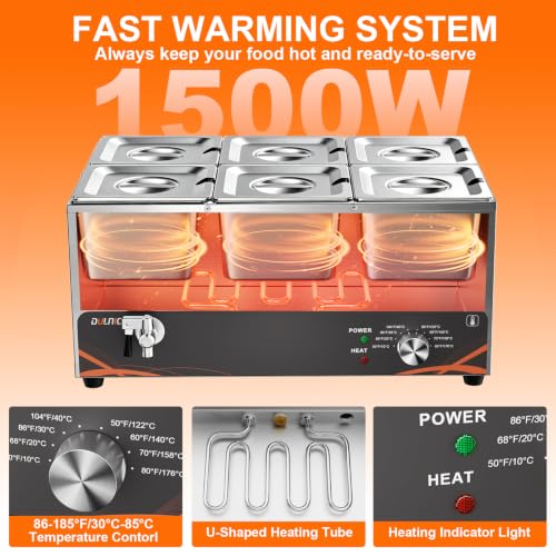 Commercial Food Warmer 6 Pan, 25QT Stainless Steel Bain Marie 1500W - size: 6 Pans