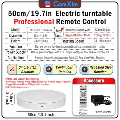 19.7In Remote Large Motorized electric turntable Rotating platform Photography Turntable Motorized lazy susan Base giratoria para for Photography,3D Scanner,Heavy duty display(Load Range:220~500lbs) - size: 19.7inch/White/500Lbs Load