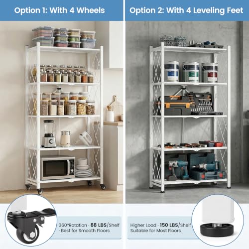 ALANNG 70.7" H Metal Storage Shelves, 5 Tier Folding Shelf on Wheels - color: White