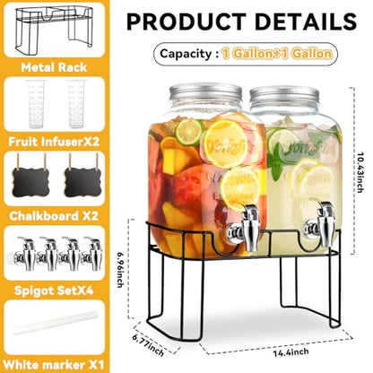 1 Gallon Glass Drink Dispensers For Parties，Lemonade Beverage Dispenser With Stand And Spigot For BBQ, Picnic, Party,Laundry Detergent Dispenser - size: 1 Gallon Double With Stand