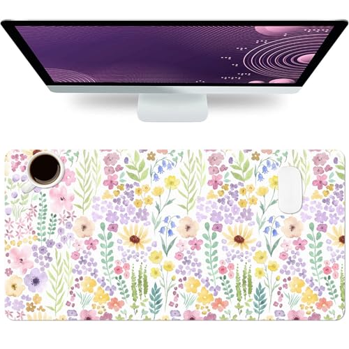 Floral Desk Mat, Cute Flower Large Mouse Pad, Purple 31.5"x15.7" - color: A Flowers - Purple Green, size: 31.5L x 31.5W inches