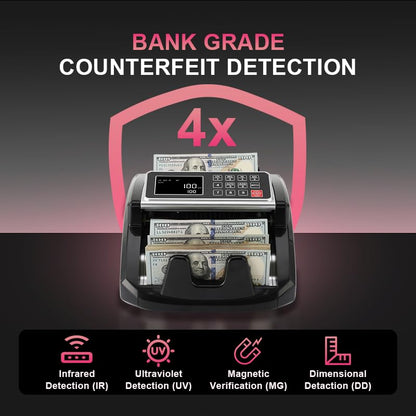 Money Counter, Cash Counter Machine with Value Count，Cash Counter for Dollar, Euro with UV/MG/IR/DD Counterfeit Detection, Add/Bat/Value Mode Bill Counting Machine with Large LCD Display