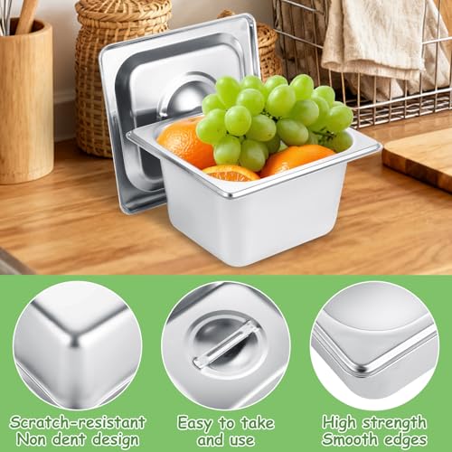 6 Set Stainless Steel Hotel Pans 1/6 Size 4 Inch Deep with Lids Steam Table Pans with Lids 4 Inch Deep 1/6 Size Stainless Steel Restaurant Pan Metal Food Pan with Lid for Hotel, Buffet, Home - size: 1/6 Size 4 Inch Deep