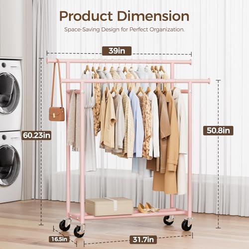 HYSEYY Clothes Rack, Double Rods Rolling Clothing Rack for Hanging Clothes, Portable Garment Rack with Wheels, Coat Rack Wardrobe Closet Load 240 LBS for Bedroom Laundry Room (Pink, L) - color: Pink