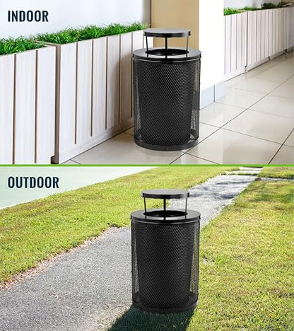 Alpine Outdoor Trash Can 36 Gallon Diamond Steel Commercial Metal Waste Bin with Leak Proof Liner, Heavy Duty Steel Mesh Design, Rain Bonnet Lid & Flat Lid for Parks, Streets, and Public Spaces-Black - style: Rain Bonnet Lid & Flat Lid
