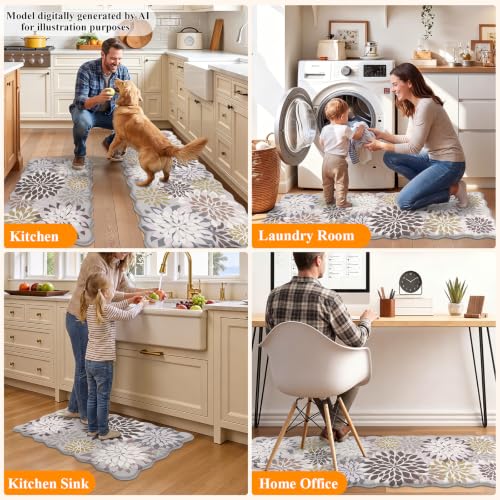 HEBE Anti Fatigue Kitchen Rugs Set of 3, Cushioned Kitchen Mats for Floor - color: Brown/Floral