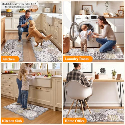 HEBE Anti Fatigue Kitchen Rugs Set of 3, Cushioned Kitchen Mats for Floor - color: Brown/Floral